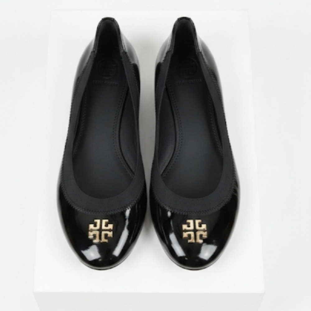 Tory Burch Jolie Scrunch Ballet Flats 8.5 M Black Elastic Shiney Toe Gold Logo